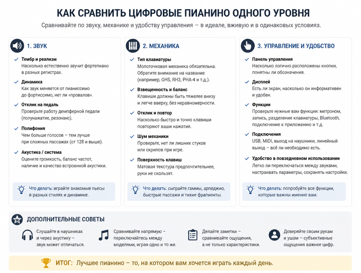 Как сравнить цифровые пианино
